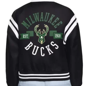 Milwaukee Bucks Printed Logo Black Varsity Jacket Back