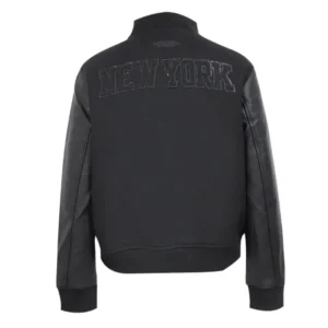 NY Knicks Triple Black Wool Varsity Jacket Back