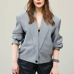Paris Fashion Week Elizabeth Olsen Grey Blazer Front