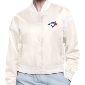 Printed Logo Toronto Blue Jays Cream Varsity Satin Jacket
