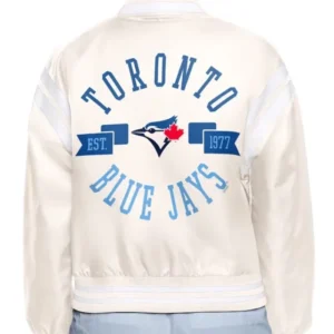 Printed Logo Toronto Blue Jays Cream Varsity Satin Jacket Back