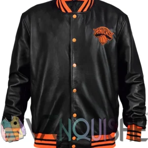 Shop New York Knicks Black And Orange Bomber Jacket Front