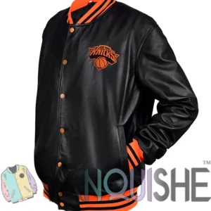 Shop New York Knicks Black And Orange Bomber Jacket Side Look