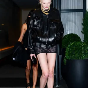 Buy Alex Consani Times Square New York City 2026 Black Leather Bomber Jacket For Women