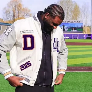 Buy Franck Kepnang Big Ten Jackie Robinson White and Grey Letterman Varsity Jacket