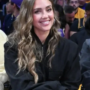 Buy Jessica Alba 2026 Los Angeles Game Oversized Black Bomber Jacket