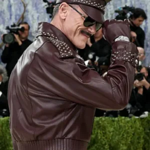 Buy Luke Evans Met Gala 2026 Costume Art Burgundy Leather Bomber Military Style Jacket