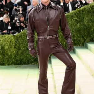 Buy Luke Evans Met Gala 2026 Costume Art Burgundy Leather Bomber Military Style Jacket For Men