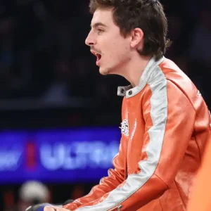 Buy Timothee Chalamet New York 2026 Knicks vs Sixers game Orange Leather Jacket