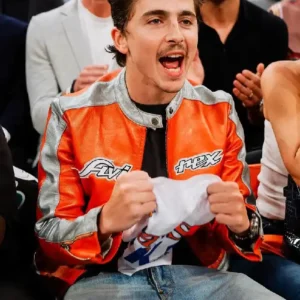 Buy Timothee Chalamet New York 2026 Knicks vs Sixers game Orange Leather Jacket For Men and Women