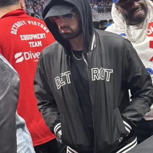 Detroit Courtside for the Pistons vs Cavaliers Game Eminem Detroit Black Bomber Jacket