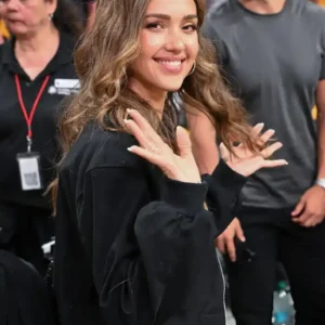 Jessica Alba 2026 Los Angeles Game Oversized Black Bomber Jacket
