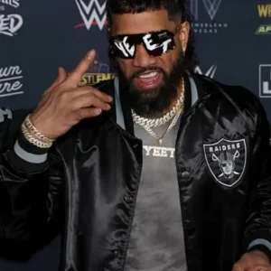 Jey Uso WrestleMania 2026 Raiders Black Satin Varsity Jacket