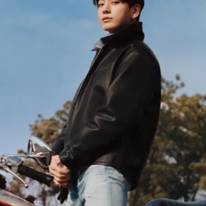 Jungkook x Calvin Klein Black Leather Racer Jacket For Men and Women