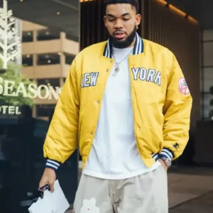 Karl-Anthony Towns New York Knicks Yellow Satin Bomber Jacket