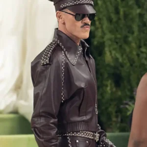 Luke Evans Met Gala 2026 Costume Art Burgundy Leather Bomber Military Style Jacket For Men