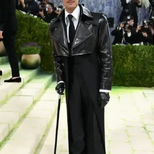 Patrick Schwarzenegger Met Gala 2026 Costume Art Exhibition Cropped Black Leather Jacket For Men