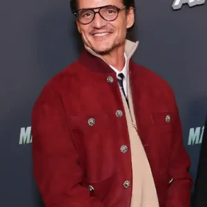 Pedro Pascal The Mandalorian And Grogu Paris Premiere Red Suede Bomber Jacket