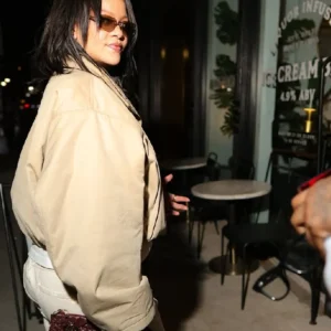 Rihanna Birthday Celebration 2026 Beige Cropped Bomber Jacket