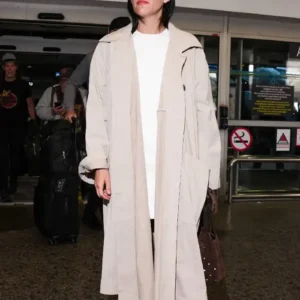 Riley Keough Arriving Nice Airport Beige Coat