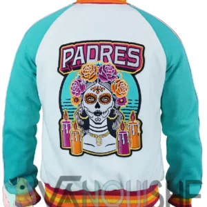 San Diego Padres 2026 La Catrina City Connect White and Aqua Green Varsity Jacket for Men and Women