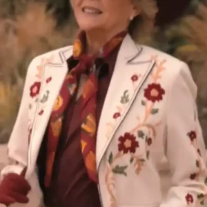 Shop Annette Bening 2026 TV Series Dutton Ranch Beulah Jackson White Floral Embroidered Blazer