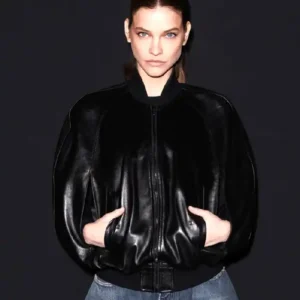 Shop Barbara Palvin 2026 Paris Fashion Week Black Leather Jacket