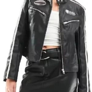 Shop Courtney Green TOWIE 2026 Black Café Racer Leather Biker Jacket
