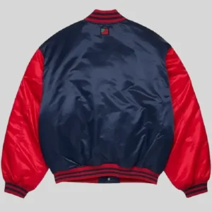 Shop Denim Tears 2026 Baseball Navy Blue and Red Satin Varsity Jacket