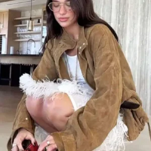 Shop Dua Lipa Los Angeles 2026 Brown Oversized Suede Leather Jacket