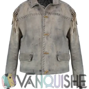 Shop Eric Nelsen TV Series Yellowstone Origin 1883 Ennis Fringe Khaki Suede Leather Jacket Front