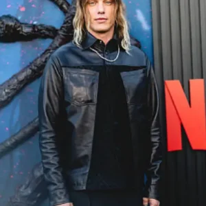 Shop Jamie Campbell Bower Stranger Things Emmys FYSEE Event 2026 Black Hybrid Leather Shacket For Men