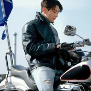 Shop Jungkook x Calvin Klein Black Leather Racer Jacket