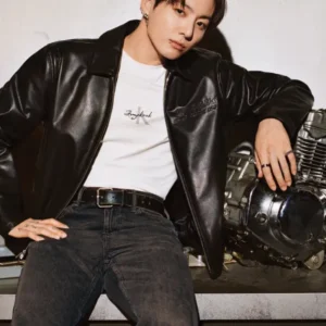 Shop Jungkook x Calvin Klein Black Leather Racer Jacket For Men and Women