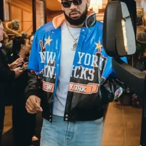 Shop Karl-Anthony Towns NBA Jeff Hamilton New York Knicks Skyline Vegan Leather Jacket