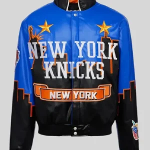 Shop Karl-Anthony Towns NBA Jeff Hamilton New York Knicks Skyline Vegan Leather Jacket For Men and Women