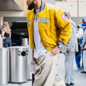 Shop Karl-Anthony Towns New York Knicks Yellow Satin Bomber Jacket For Men and Women