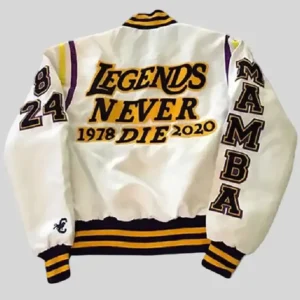 Shop Kobe Bryant Mamba Legend Never Die white Varsity Jacket For Men and Women