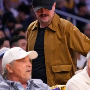 Shop Leonardo Dicaprio LA Lakers Playoff Game 2026 Brown Suede Leather Jacket