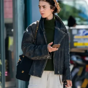 Shop Lily Collins London 2026 Black Leather Jacket For Men and Women