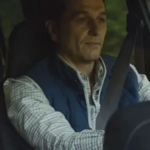 Shop Matthew Rhys 2026 TV Series Widow’s Bay Tom Loftis Blue Quilted Vest