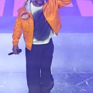 Shop Method Man Halftime Show NBA Knicks vs. Cavs Game 2 Orange Leather Bomber Jacket For Men