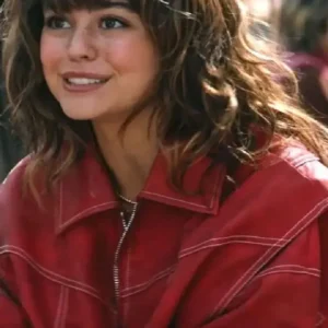 Shop Mika Abdalla 2026 TV Series Off Campus S01 Allie Hayes Red Bomber Leather Jacket