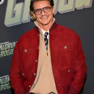 Shop Pedro Pascal The Mandalorian And Grogu Paris Premiere Red Suede Bomber Jacket