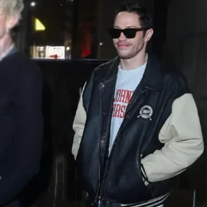 Shop Pete Davidson 30th Annual Webby Awards Black and Beige Bomber Leather Jacket