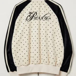 Shop Prenda Dot Jersey Off-White Satin Track Bomber Jacket For Women