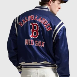Shop Ralph Lauren x MLB Boston Red Sox Satin Blue Varsity Bomber Jacket