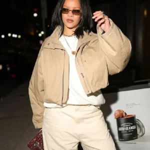 Shop Rihanna Birthday Celebration 2026 Beige Cropped Bomber Jacket For Women