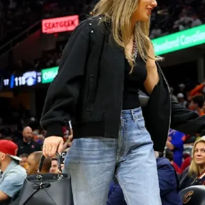 Shop Taylor Swift NBA Playoffs Cleveland Cavaliers vs. New York Knicks Patchwork Black Denim Bomber Jacket