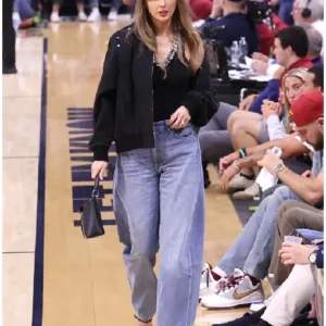 Shop Taylor Swift NBA Playoffs Cleveland Cavaliers vs. New York Knicks Patchwork Black Denim Bomber Jacket For Women